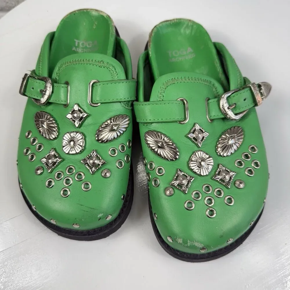 Toga Virilis Archives Green Metal Sabot Eyelet Mules Size 31 EU- US 13/13.5 Kids